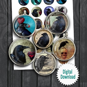 Printable Raven  1 inch 1.5 inch 20 mm 25 mm 30 mm Printable Halloween Raven Images for Bottle Caps, Pendants Digital Collage Sheets