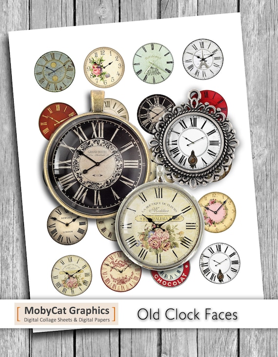 Old Clock Faces Digital Collage Sheet 20mm 1 inch 1.25 inch 1.5 inch Printable Pendant Bottlecap images - Instant Download
