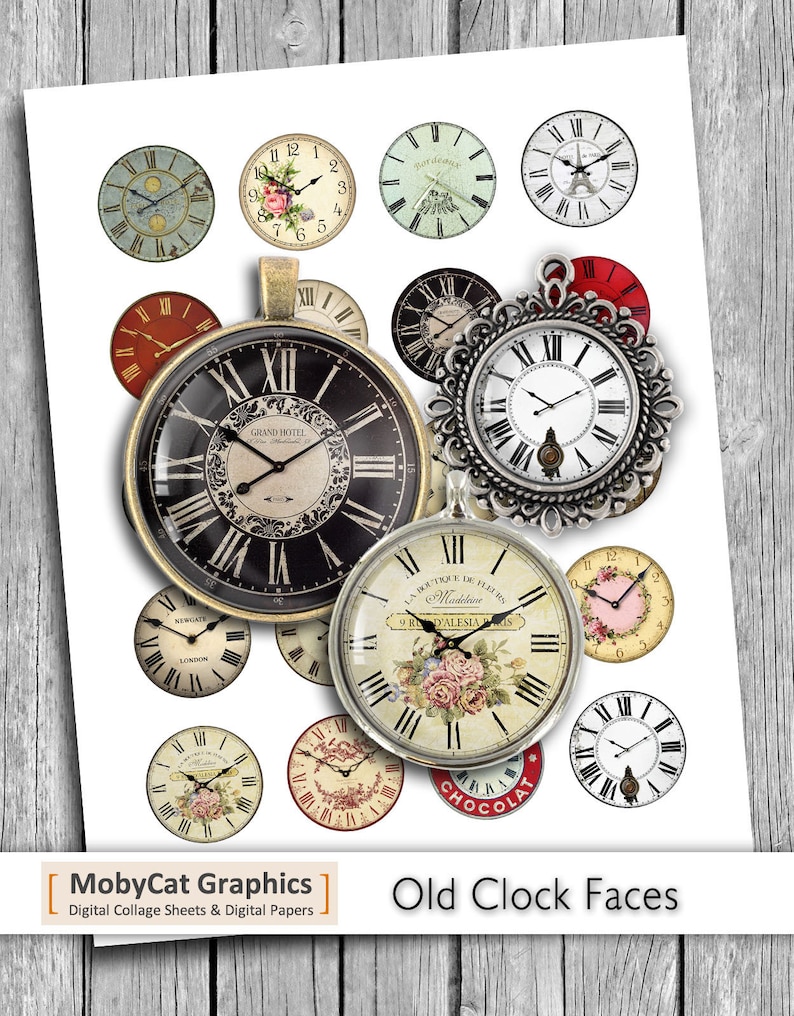Old Clock Faces Digital Collage Sheet 20mm 1 inch 1.25 inch 1.5 inch Printable Pendant Bottlecap images - Instant Download image 1