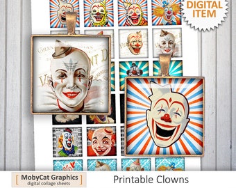 Circus Clowns 1x1" 1.5x1.5"  Scary Clowns printable images for Jewelry making Printable Digital Collage Sheet - Instant Download