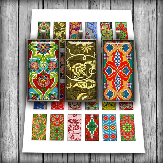 Floral Art Domino Tiles 1x2 inch, 0.75x1.5 inch Bamboo Size for Pendants Jewelry making Digital Collage Sheet