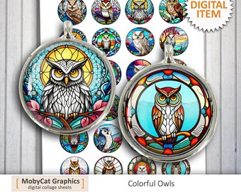 Colorful Owls Stained Glass 20 mm 25 mm 30mm 1 inch 1.5 inch for Bottlecaps, Pendants, Magnets Cabochons Digital Collage Sheet