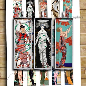 May include: A set of 10 vintage art deco style images featuring women in various poses and clothing. The images are printed on a white background and are framed in silver.