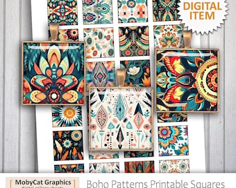 Digitalt collageark med bohemiska mönster - utskrivbart och nedladdningsbart – kvadratiska storlekar 2,5 cm, 3,5 cm – hög upplösning för smycken och hantverk