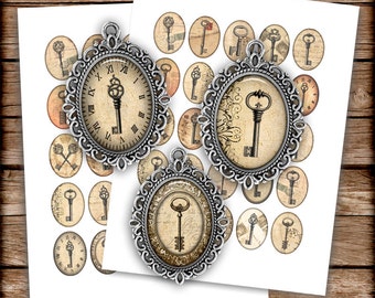 May include: Three silver oval frames with ornate edges, each containing a vintage key design. The frames are on a white background with a sheet of smaller oval frames containing various key designs.