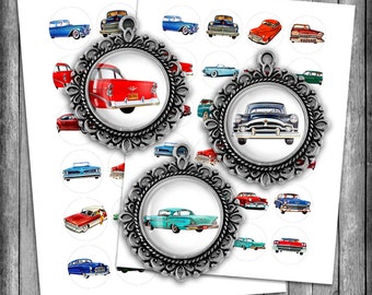 Vintage Cars Printable Circle Images 25mm 1inch 30mm 1.5 inch 1950s Cars Digital Collage Sheets - Instant Download