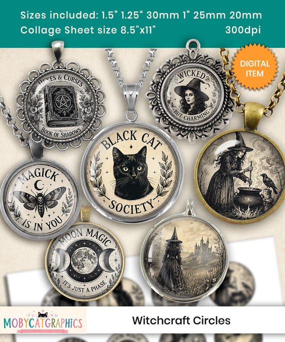 Witchcraft Digital Collage Sheet | Vintage Witch Circle Images | Printable Cabochons for Jewelry Making | Bottle Cap Images