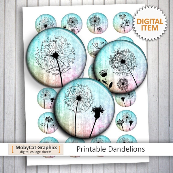 Printable Dandelion Silhouettes 20mm 25mm 1" 30mm 1.5" Digital Collage Sheets for bottlecaps, cabochons, Scrapbooking Printable Download