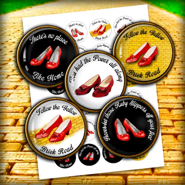 Ruby Slippers -  Digital Collage Sheet  1" 25mm 1.313" 1.5"  Button images Printable images for Glass Pendants, Bottle caps Wizard of Oz