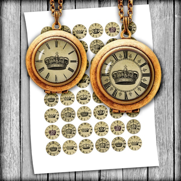 Royal Clocks 1 inch 20mm 18mm 16mm 12mm Printable Circle Images for Earrings, Cuff Links Digital Collage Sheet