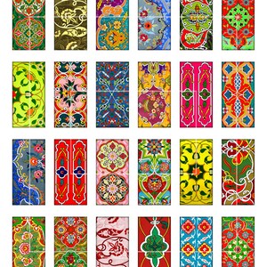 Op de afbeelding: Een verzameling rechthoekige tegels met ingewikkelde bloemen- en geometrische patronen in verschillende kleuren. De ontwerpen omvatten rood, groen, blauw, geel en oranje, met gedetailleerde symmetrische arrangementen.