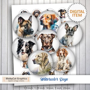 Puede incluir: Un conjunto de 12 hojas de collage digital con ilustraciones de perros en acuarela. Los perros están en varias poses y razas, incluyendo un pastor alemán, un labrador retriever, un bulldog francés y un border collie. Las imágenes son perfectas para proyectos de manualidades, scrapbooking y diseño digital.