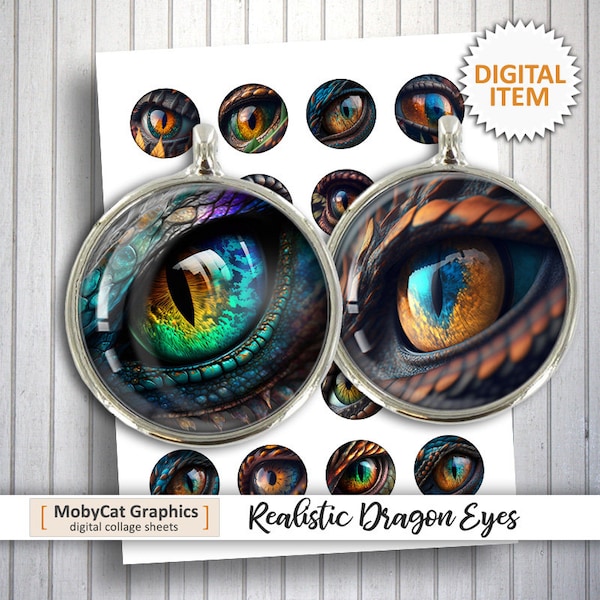 Realistic Dragon Eyes 20 mm 25 mm 30mm 1 inch 1.5 inch Digital Collage Sheet Printable Circle Images