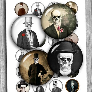 May include: A set of 12 round digital scrapbook paper images featuring skeletons dressed in vintage clothing. The skeletons are wearing top hats and bow ties. The images are in black and white with a sepia tone.