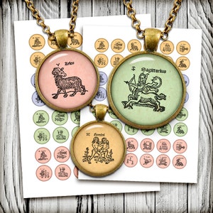 Medieval Zodiac Symbols Digital Collage Sheet  1 inch, 25mm, 20mm, 18mm, 16mm Printable images for Pendants, Bottle Caps, Rings