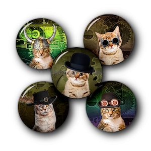 May include: Five round buttons with a steampunk theme featuring cats wearing different hats and goggles. The buttons have a green, brown, and gold background with gears and other steampunk elements.