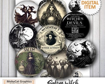 Digitalt collageark med Salem-häxan, utskrivbara 2,25 tums bilder för knappar, speglar, magneter, scrapbooking