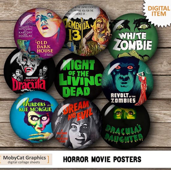 Horror Movie Posters Digital Collage Sheet 2", 1.313", 1", 1.5" Printable Circles for Buttons, Bottlecaps, Scrapbooking, Magnets