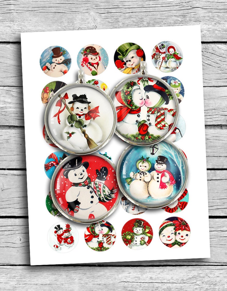 May include: A sheet of 12 round, printable, Christmas-themed stickers featuring vintage illustrations of snowmen in various poses. The stickers are perfect for adding a festive touch to gifts, cards, and other crafts.