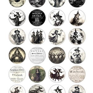 May include: A set of 16 round, black and white witch-themed illustrations. The illustrations feature witches, moons, stars, and text about witchcraft.  The text includes "Witchcraft", "Kitchen Witchery", "Witches Devils", "Tryals", "Narrative VVitchcraft, at Salem Village", "Salem", and "A Modest Enquity into the Nature of Witchcraft".
