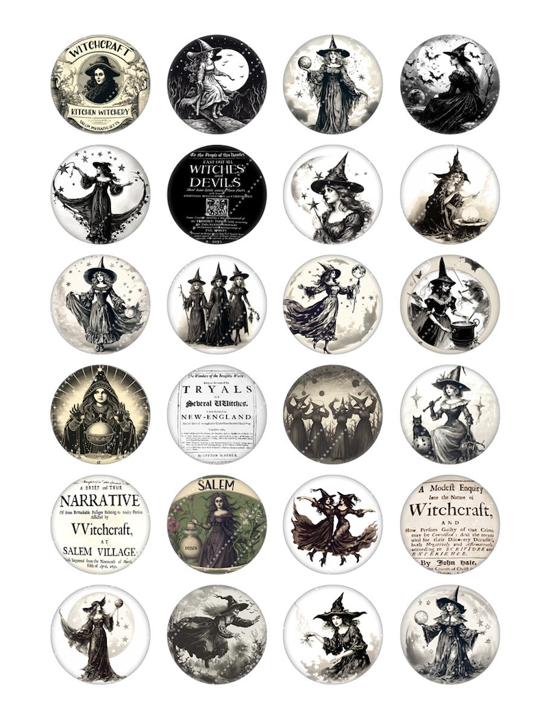 May include: A set of 16 round, black and white witch-themed illustrations. The illustrations feature witches, moons, stars, and text about witchcraft.  The text includes "Witchcraft", "Kitchen Witchery", "Witches Devils", "Tryals", "Narrative VVitchcraft, at Salem Village", "Salem", and "A Modest Enquity into the Nature of Witchcraft".