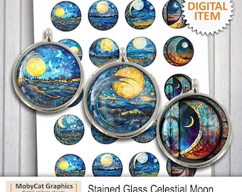 May include: A digital collage sheet of 12 stained glass style images featuring celestial moons and stars in shades of blue, yellow, and purple. The images are perfect for crafting projects like jewelry, scrapbooking, and card making.