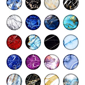 Puede incluir: Una colecci&oacute;n de veinte dise&ntilde;os circulares con patrones de m&aacute;rmol. Los dise&ntilde;os presentan varios colores, incluyendo azul, negro, blanco, dorado, rojo y morado. Cada c&iacute;rculo tiene un patr&oacute;n de vetas &uacute;nico, creando una apariencia de piedra natural.