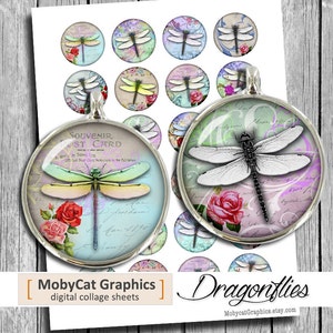 Dragonflies  1 &quot; 1.25&quot; 30mm 35mm 1.5 inch Round Circles Bottle cap Images, Cabochon images Digital Collage Sheet Instant Download