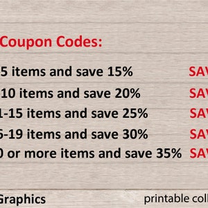 May include: A graphic with red text on a woodgrain background showing coupon codes for buying multiple items. The text reads "New Coupon Codes:" followed by five lines of text showing the number of items to buy and the discount percentage. For example, "buy 3-5 items and save 15%" and "SAVE15".