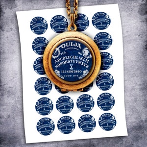 May include: A round bronze-toned pendant featuring a miniature Ouija board design with the alphabet, numbers zero through nine, and the words OUIJA, YES, NO, and GOOD BYE. The pendant hangs on a chain over a sheet of matching circular stickers.