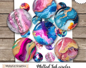 Digitala collageark med smält bläck från 1,5 tum till 12 mm. Utskrivbara runda bilder för hängen, cabochoner och scrapbooking.