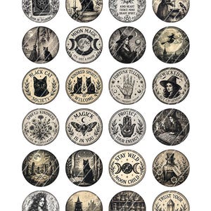 May include: A collection of twenty-four circular stickers featuring black and white illustrations of witchcraft themes, including cats, witches, moons, crystals, and occult symbols with text such as Book of Shadows, Moon Magic, and Kindred Spirits.