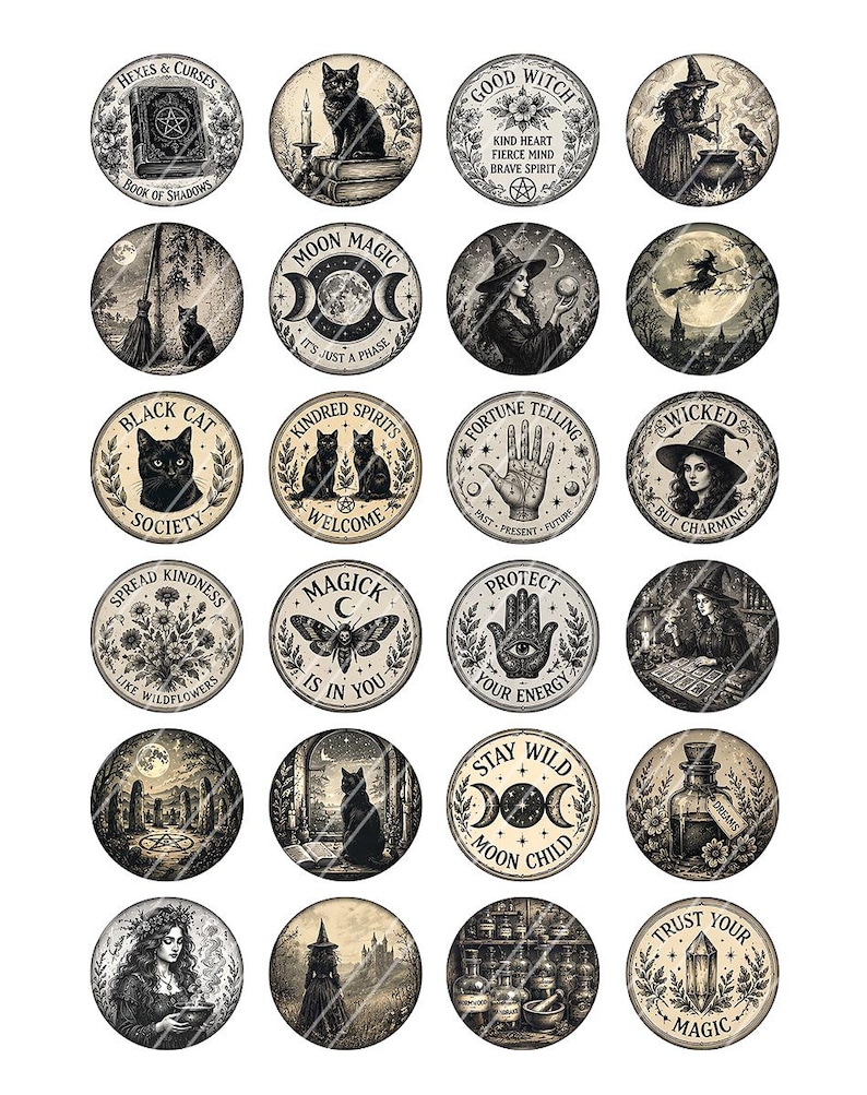 May include: A collection of twenty-four circular stickers featuring black and white illustrations of witchcraft themes, including cats, witches, moons, crystals, and occult symbols with text such as Book of Shadows, Moon Magic, and Kindred Spirits.