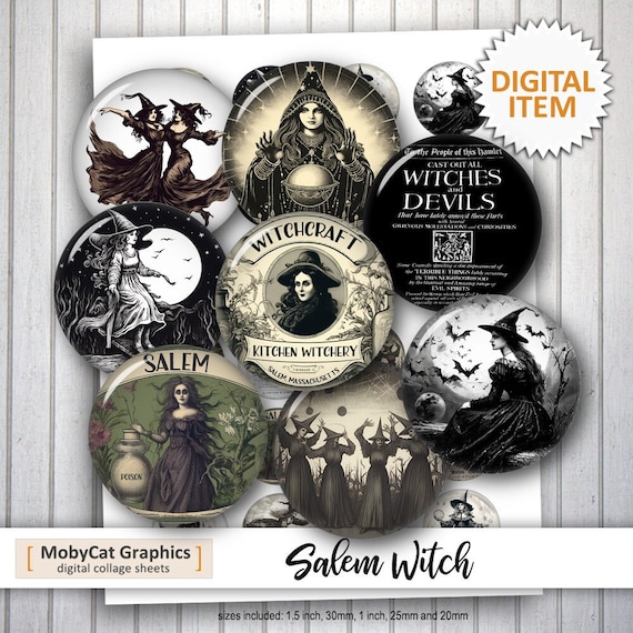 Salem Witch Digital Collage Sheet Printable bottlecap images 1.5 inch 1 inch 30mm 25mm 20mm for Cabochon, Pendants, Scrapbooking