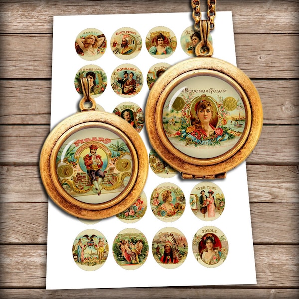 Vintage Cigar Box Labels - Digital Collage Sheet Circle Images for Bottle caps, Jewelry Making 1", 25mm, 1.5" - Printable Download