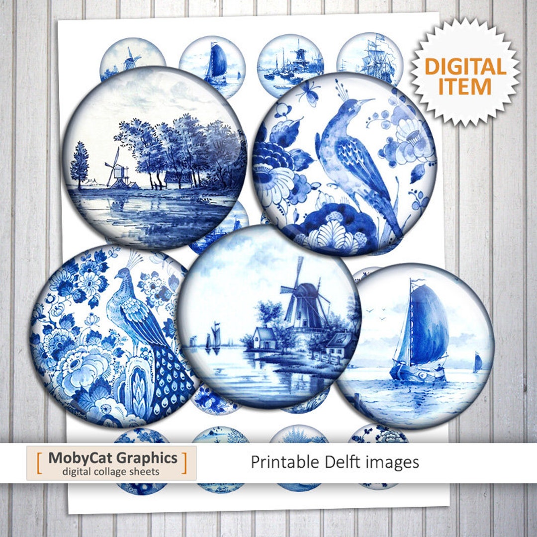 Printable Delft Circle Images Digital Collage Sheet 1.5 Inch 30mm 25 Mm ...