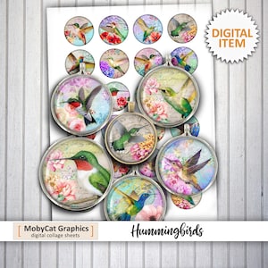 Hummingbirds 1&quot; 20mm 25mm 30mm 1.5&quot; Digital Collage Sheet Printable Cabochon Printable Circle images Bottle cap images- Instant Download