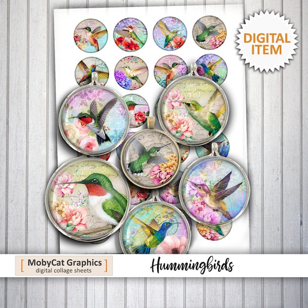 Hummingbirds 1" 20mm 25mm 30mm 1.5" Digital Collage Sheet Printable Cabochon Printable Circle images Bottle cap images- Instant Download