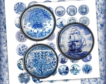 Delft Circle Images - Digital Collage Sheet 1.5 inch, 1.313 inch, 30mm, 25 mm, 1 inch Printable Images - Instant Download