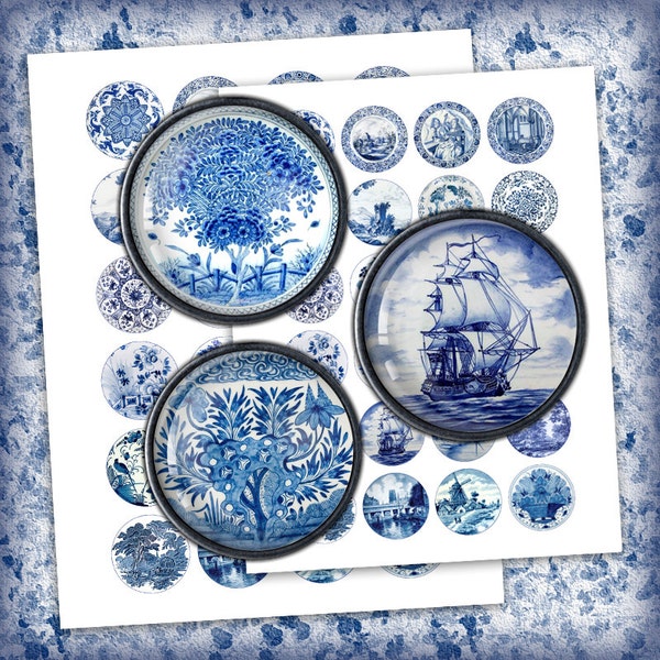 Delft Circle Images - Digital Collage Sheet 1.5 inch, 1.313 inch, 30mm, 25 mm, 1 inch Printable Images - Instant Download