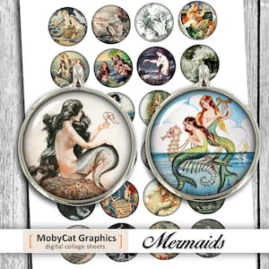 Mermaids 1.837 inch for 1.5 inch Button Machine 1.313 inch for 1 inch buttons Sirens Sea Nymphs Printable Digital Collage Sheet