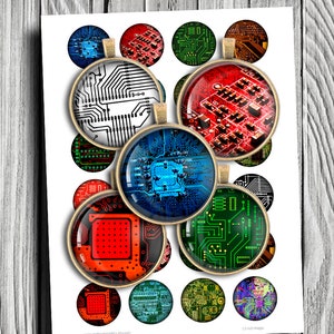 Circuit Board Digital Collage Sheet 0.5 inch 12mm, 14mm, 16mm Circle images for Bottle caps, Pendants, Cuff Links