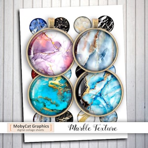 May include: Six round, gold-rimmed, glass cabochons with different marble-like patterns. The patterns include blue, turquoise, pink, and white with gold accents. The cabochons are arranged in two rows of three. The text "MobyCat Graphics" and "Marble Texture" is visible at the bottom of the image.