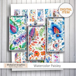 Printable Watercolor Paisley Domino images 1x2 inch 0.75x1.5 inch for Scrapbooking Pendants Digital Collage Sheet - Instant Download