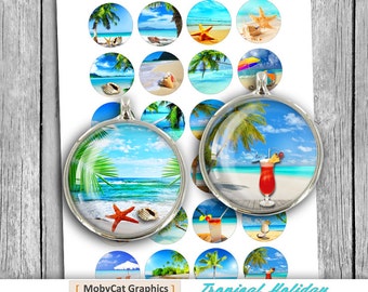 Tropical Holiday 1" 25mm 30mm 1.5" Printable Circle Bottle cap images Cabochon Digital Collage Sheet - Instant Download