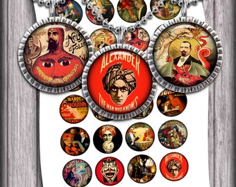 Vintage Magicians Bottle cap Images 1 inch and 1.5 inch Digital Collage Sheet- Instant Download