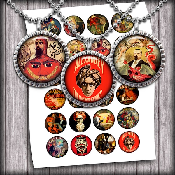 Vintage Magicians Bottle cap Images 1 inch and 1.5 inch Digital Collage Sheet- Instant Download