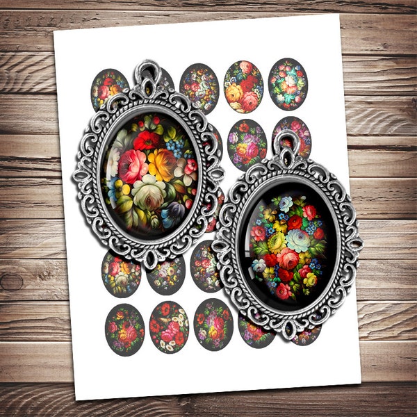 Zhostovo Oval Images 18x25mm, 13x18mm for Glass Pendants Russian Flowers Printable Images Digital Collage Sheet