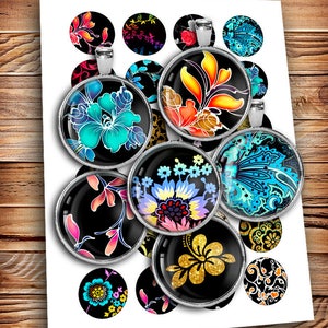 Elegant Floral Mirror Images 20mm 25mm 30mm 1 inch 1.5 inch for Pendants Bottlecaps Digital Collage Sheet - Instant Download