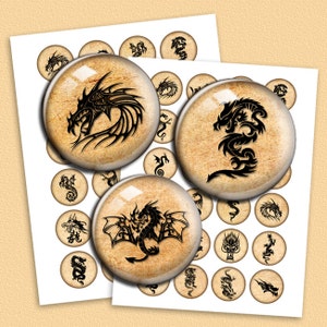May include: Set of 24 round paper cupcake toppers featuring black and white dragon designs on a beige background. The designs include a dragon with wings spread, a dragon with its head turned, and a dragon curled up.